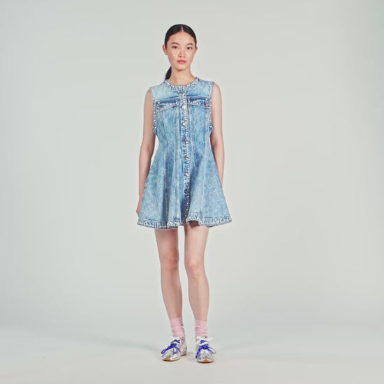 Riri Short Beaded Rhinestone Denim Dress Blue Jean