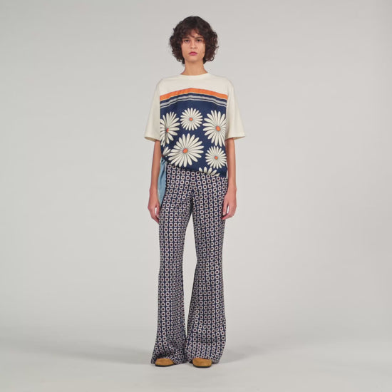 Floral Print Floaty Trousers Deep Blue Ocher