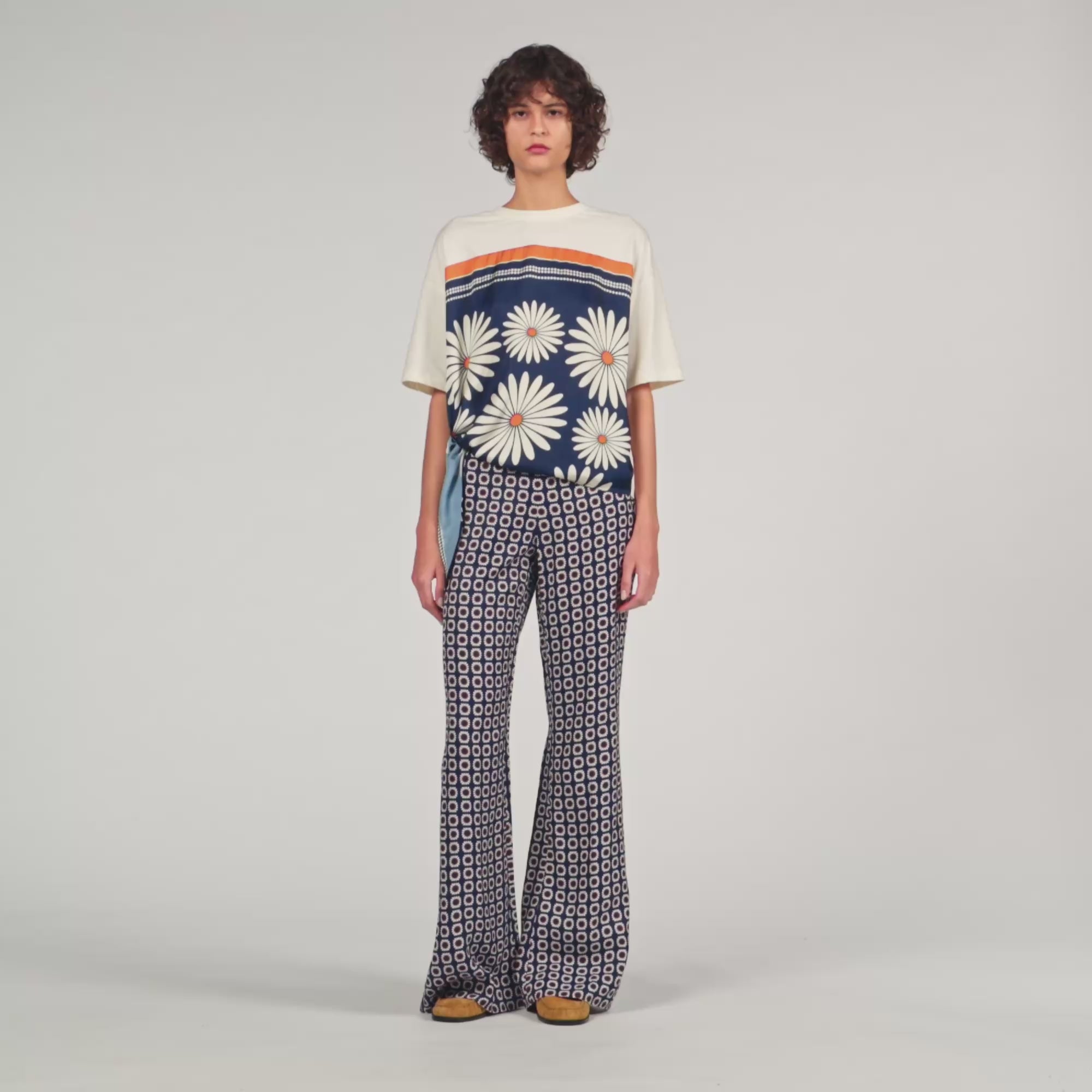 Floral Print Floaty Trousers Deep Blue Ocher