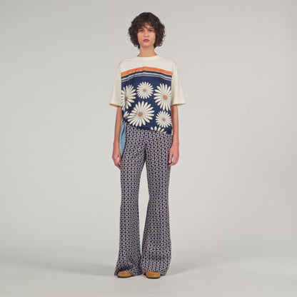 Floral Print Floaty Trousers Deep Blue Ocher