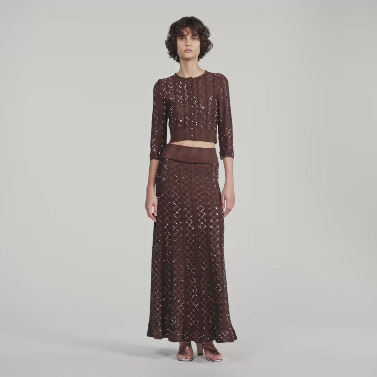 Leslie Long rhinestone knit skirt Brown