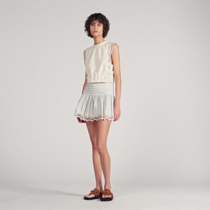 Noemi Cropped Cotton T-Shirt With Lace Ecru