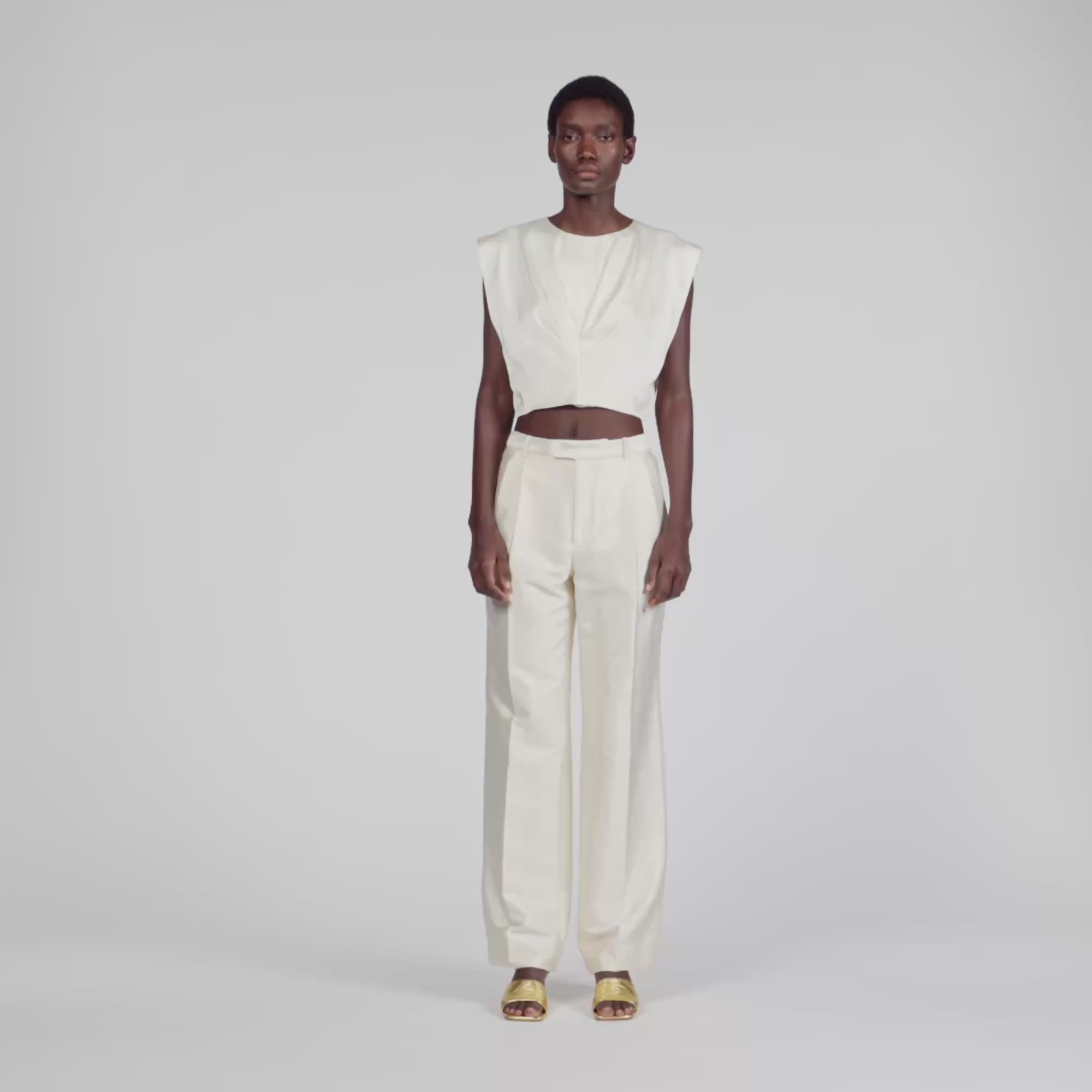 Boulogne Pleated Satin Crop Top Ecru