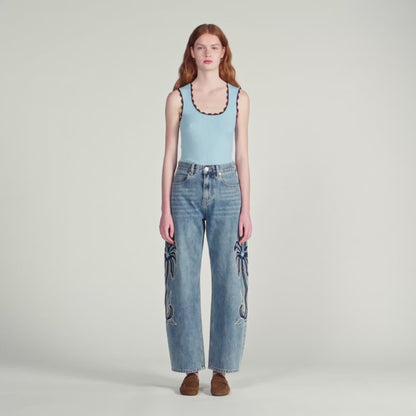 Palm Palm-Embroidered Wide Barrel Jeans Blue Jean