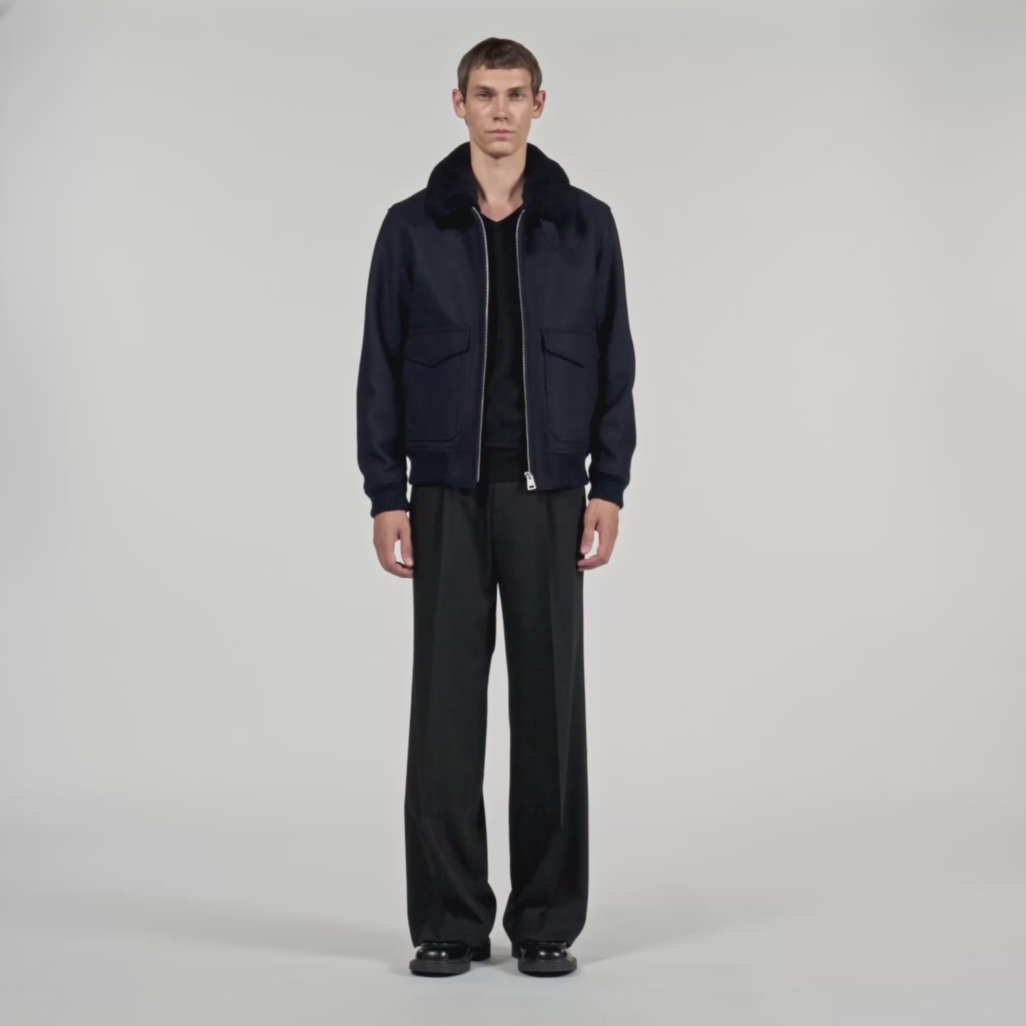Aviator Wool Aviator Jacket With Shearling Navy Blue