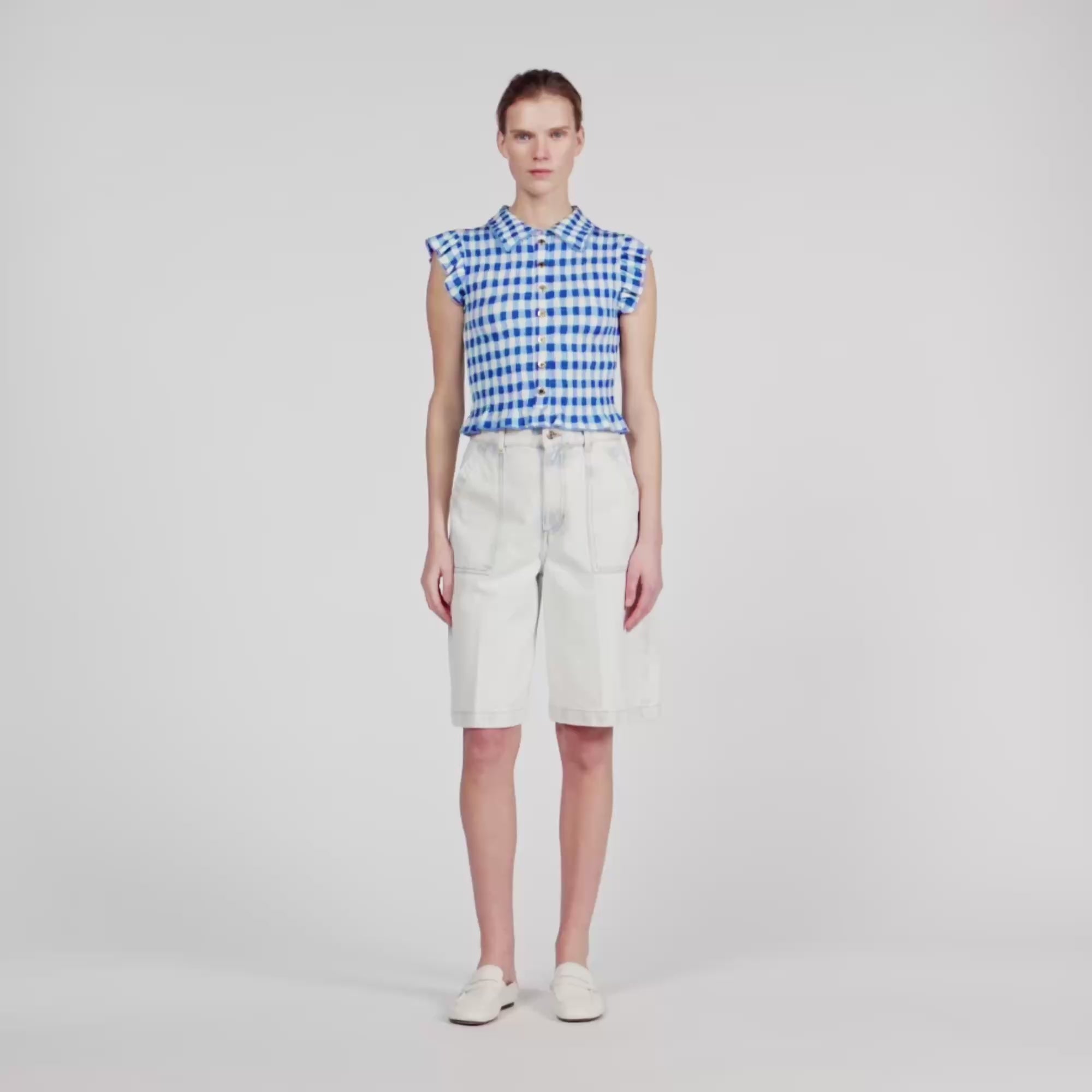 Cerise Check Smocked T-Shirt BLU / WHITE
