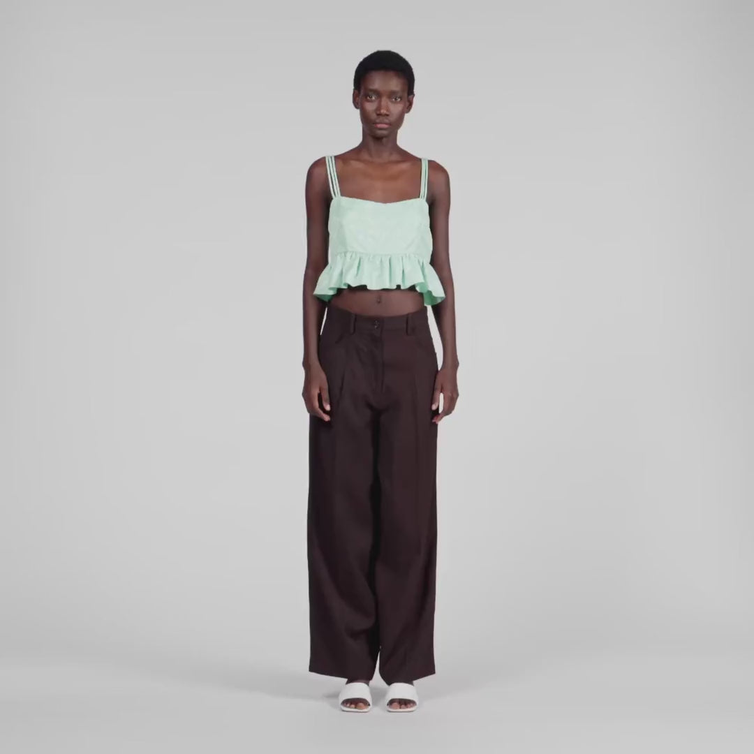 Modie Floral Jacquard Ruffle Crop Top Light Green