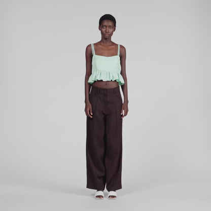 Modie Floral Jacquard Ruffle Crop Top Light Green