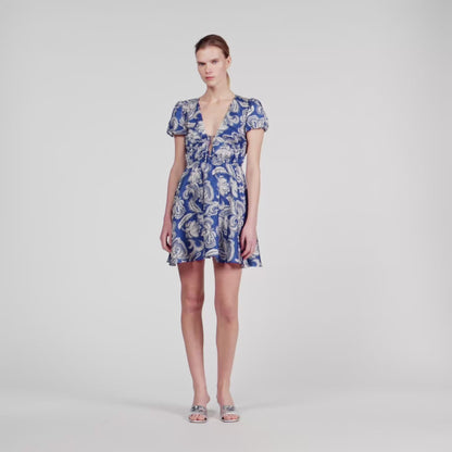 Pierly Floral Print Short Dress Blue / Ecru