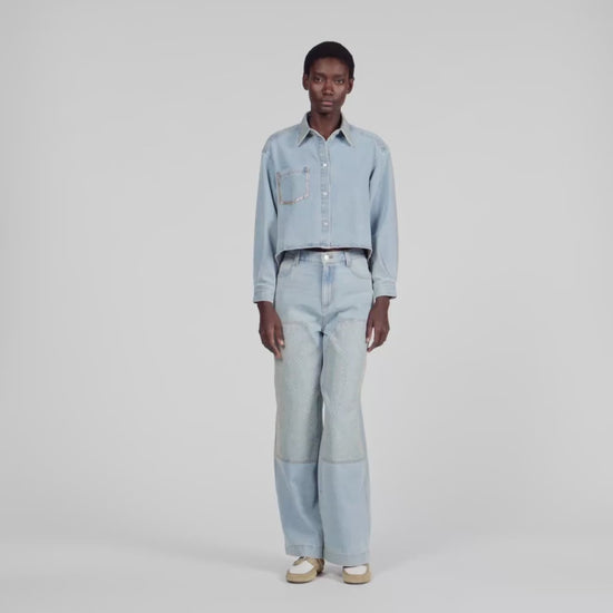 Lady Rhinestone Cropped Denim Shirt Light Blue Jean