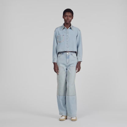 Lady Rhinestone Cropped Denim Shirt Light Blue Jean