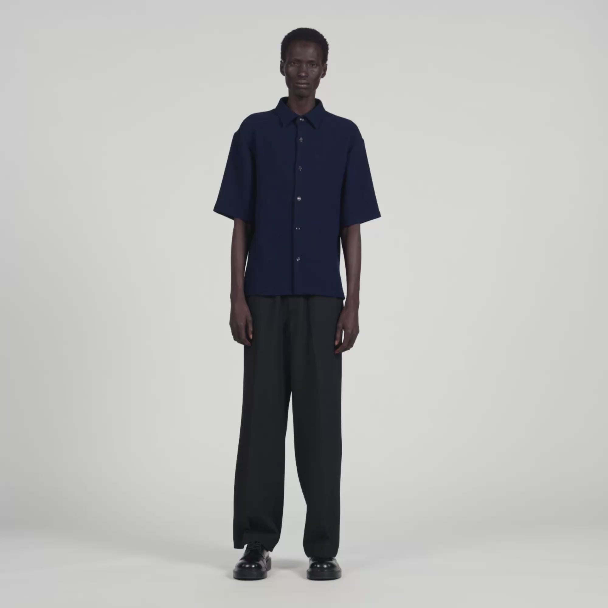 Textured Shark Collar Shirt Navy Blue